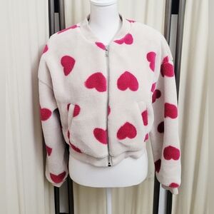 No Boundaries Cream and Pink Heart Teddy Cropped Jacket | Size Large